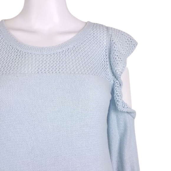 LC LAUREN CONRAD Sweater Ruffle Cold-Shoulder Eyelet Lace Blue - Picture 2 of 8